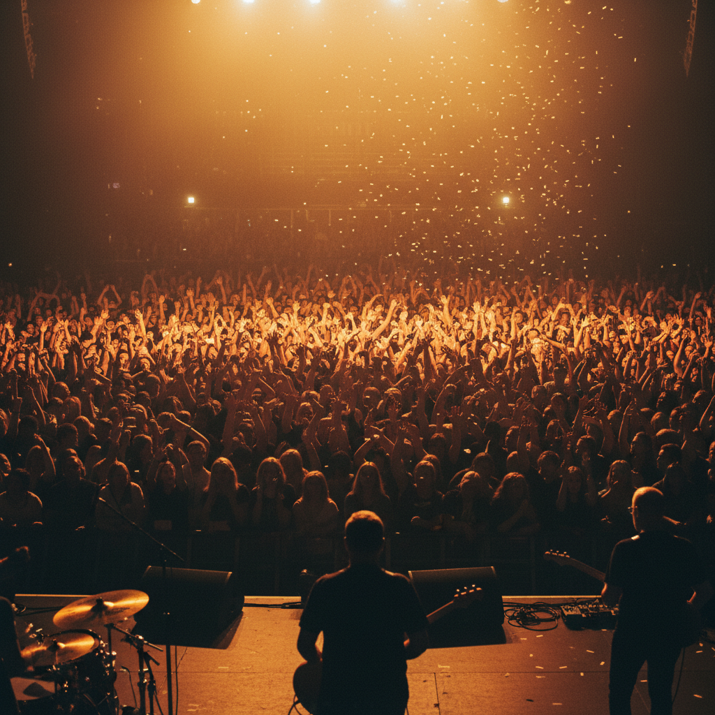 Concert crowd with raised hands and stage lighting